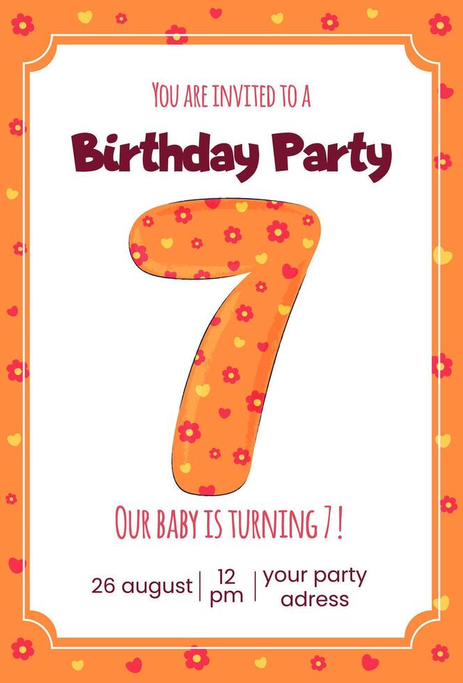 Seven year child birthday party invitation postcard template with cartoon number 7. vector