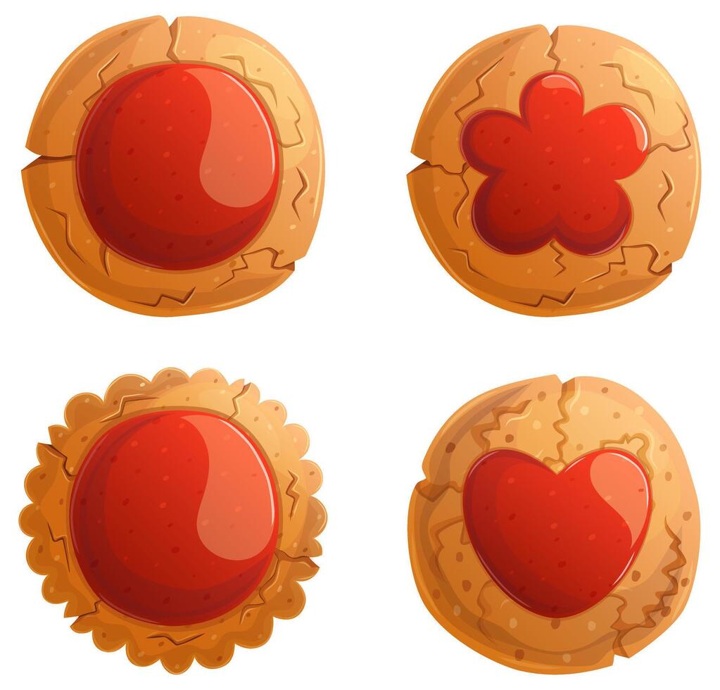 Handmade traditional crispy cookies with jelly set. Sweet shop design elements collection isolated on white. vector