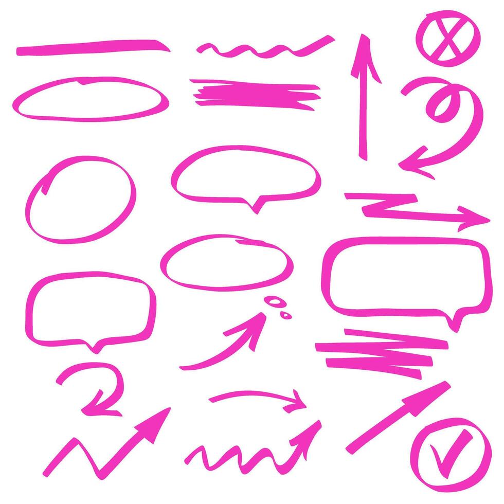 Hand drawn pink marker scribble bubbles, frame, arrows, highlights set. vector