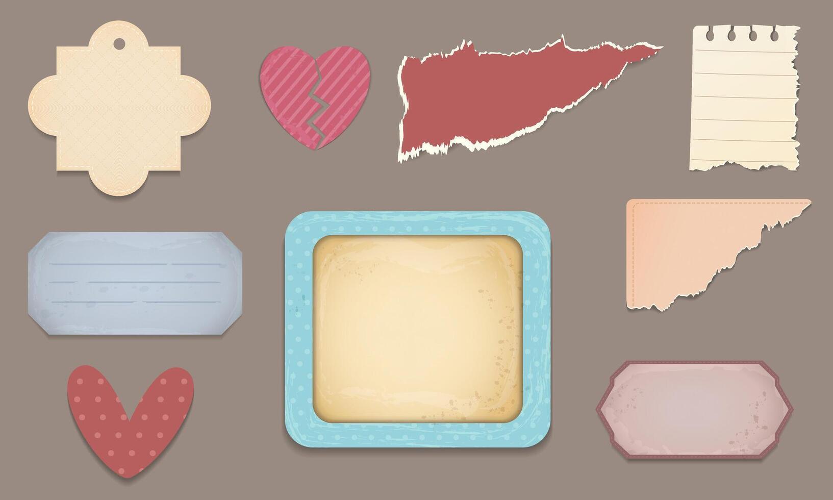 Vintage old labels set. Torn paper, frame, heart design elements. vector