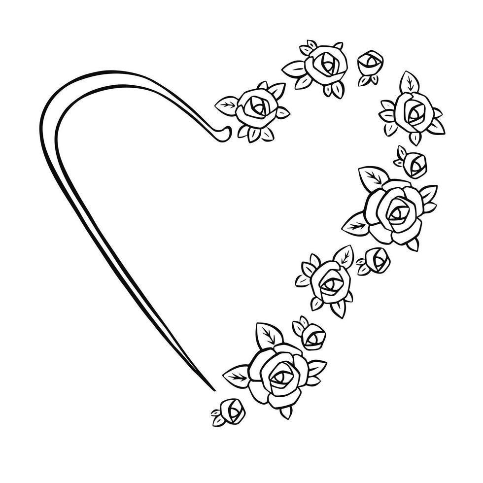 in the shape of a heart with flowers and bouquets of roses. Sketch outline illustration vector