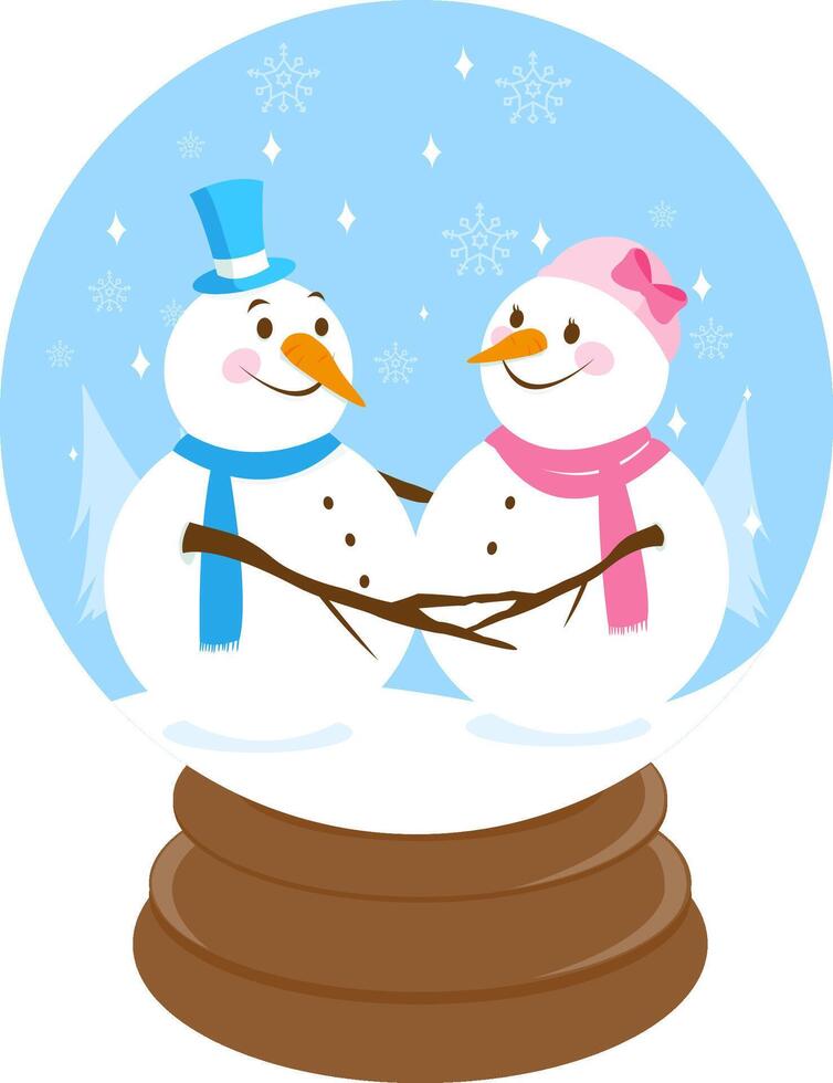 Cute cartoon snowmen characters in a beautiful snowy winter landscape inside a snow globe. Cold snow landscape with snowmen in a water globe. vector