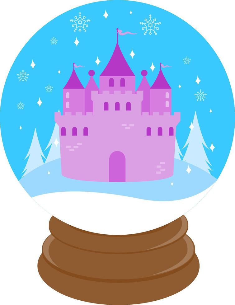 Pretty fairy tale princess in a snowy winter landscape with a castle and a snowman. Cute frozen snowflake girl queen. vector