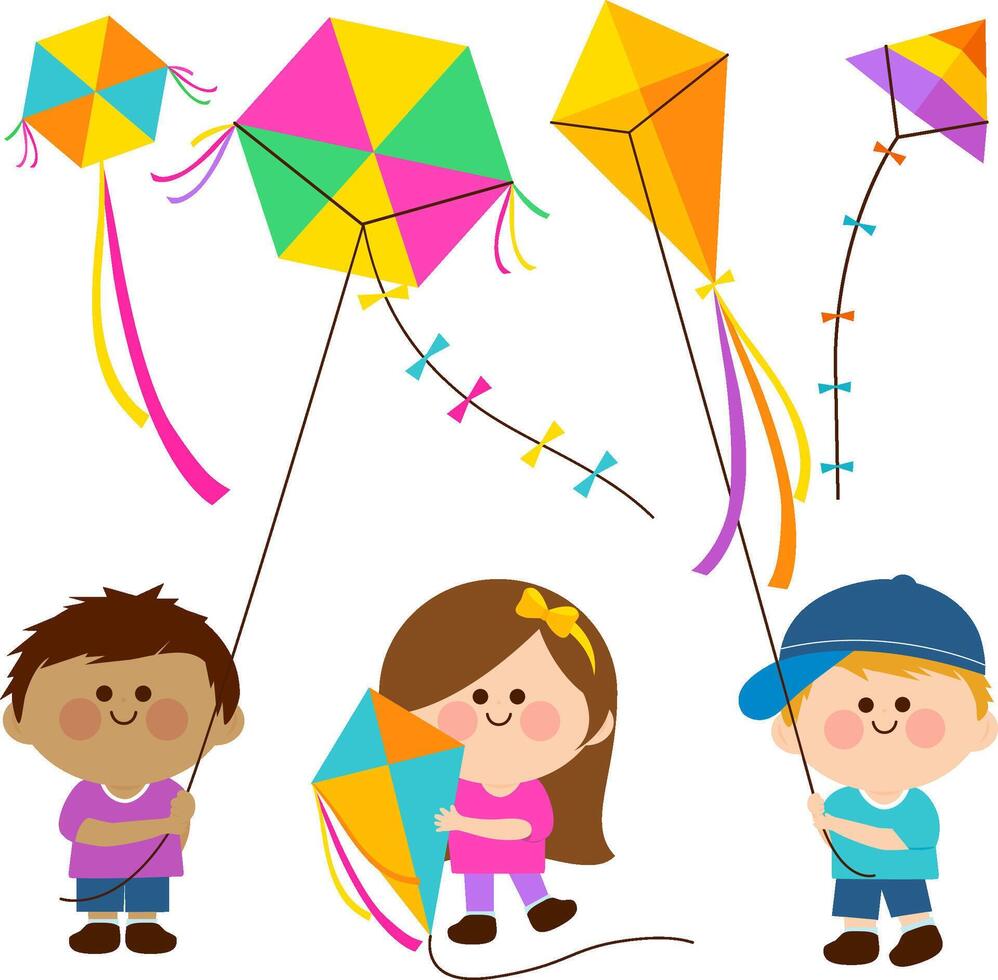 Children playing with colorful kites in the sky. Boys and girls flying kites. Outdoor play for kids. vector