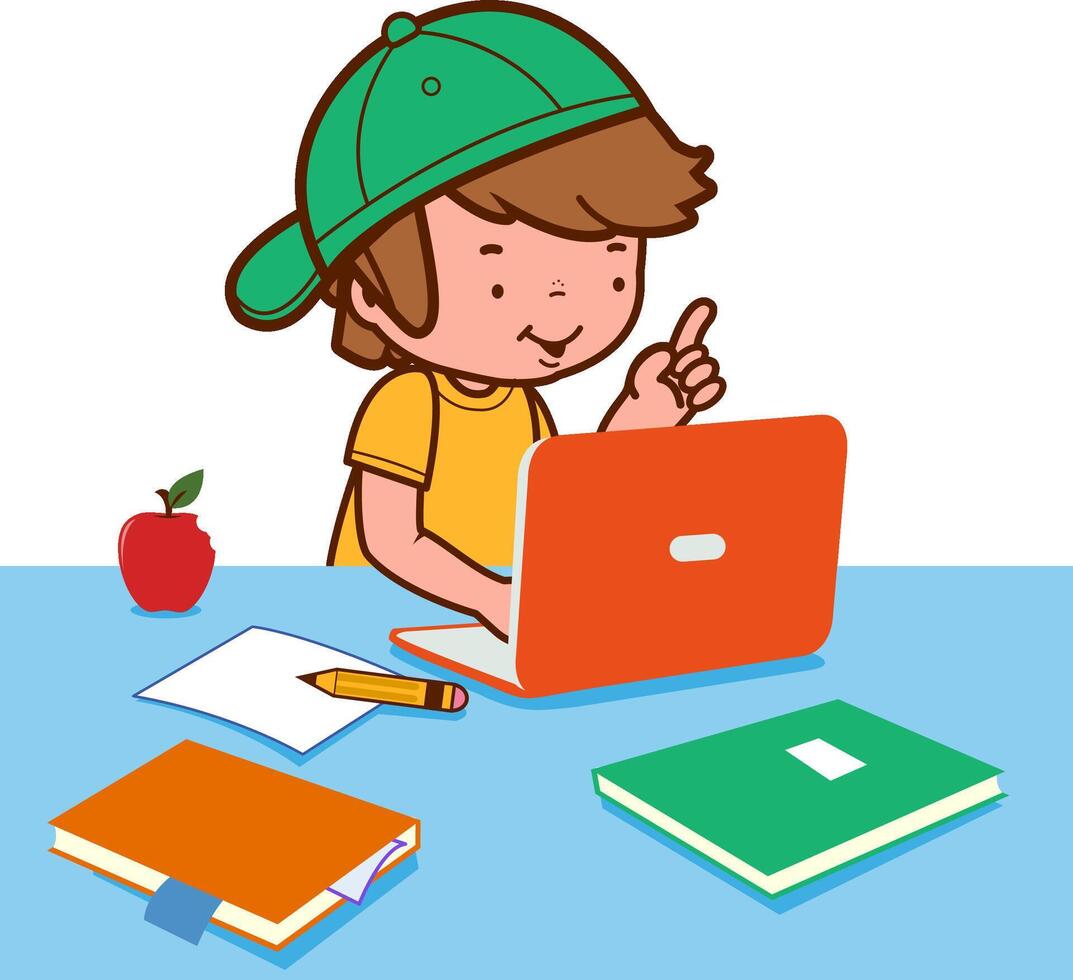 A student boy sitting on his desk in front of his computer at home or in school classroom. Child doing his homework and desk is full of books and notes. vector