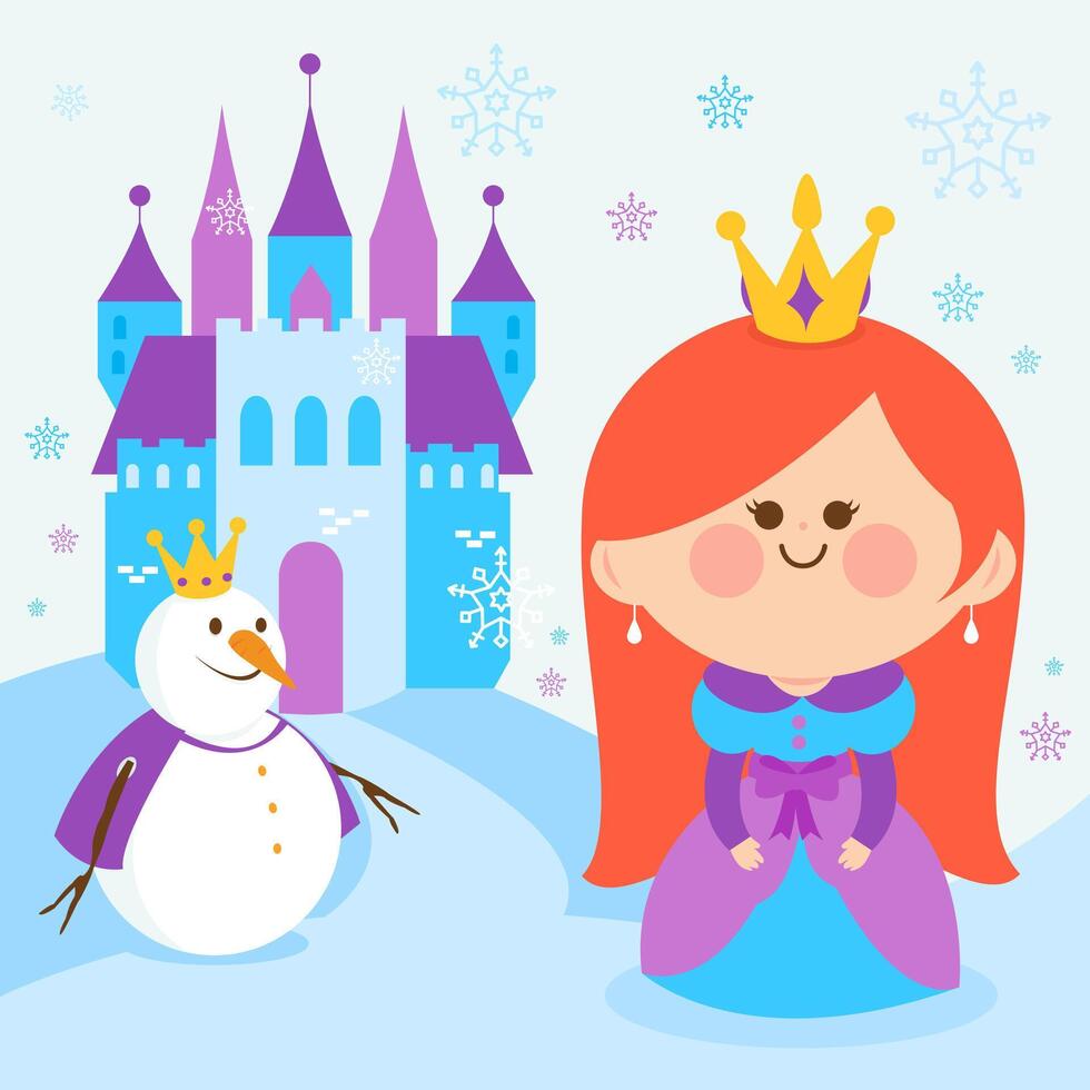 Pretty fairy tale princess in a snowy winter landscape with a castle and a snowman. Cute frozen snowflake girl queen. vector