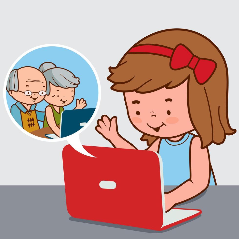 Family talk. A girl sitting on her desk in front of her computer and chatting online with her grandparents. vector