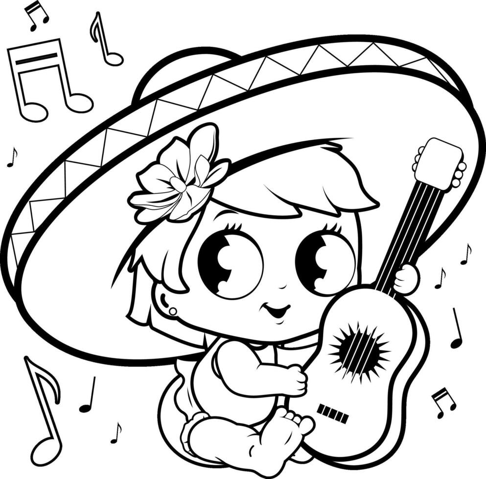 Mexican Cinco de Mayo baby shower party. Mariachi baby girl playing the guitar. Black and white coloring page. vector