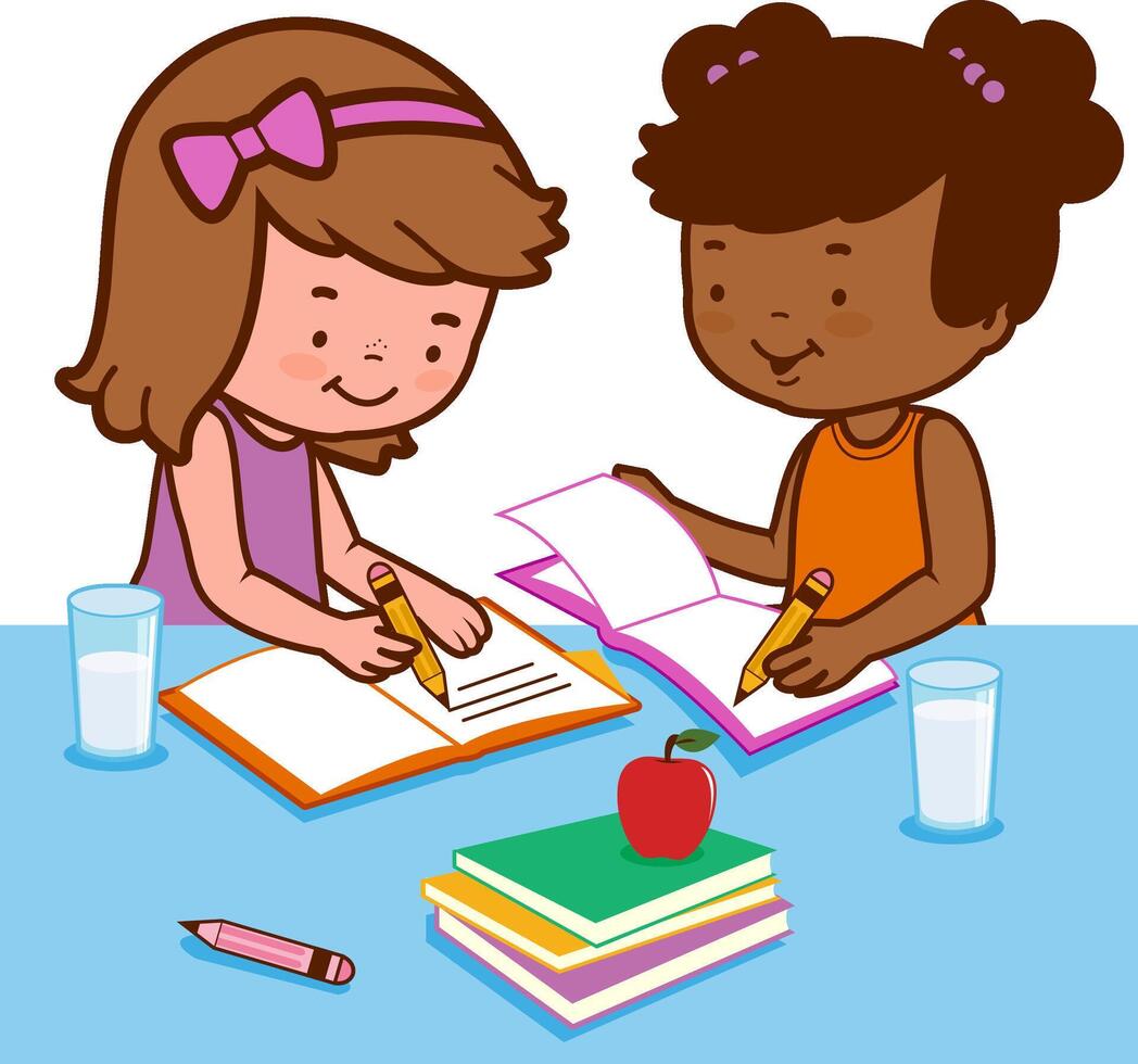 Two young girl student children sitting on a desk and doing their homework at home or in school classroom. Desk is full of books and notes. vector