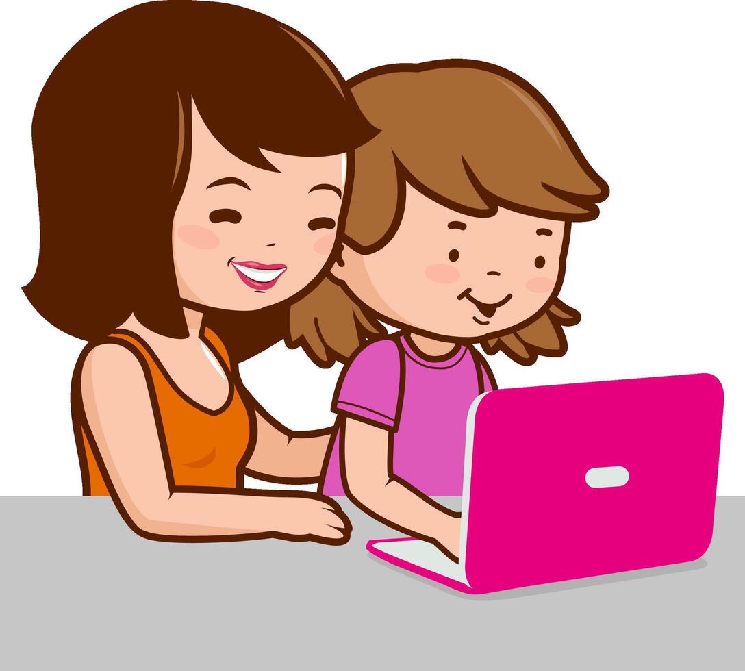 A mother and a child sitting on the desk in front of the computer. Parent or teacher helps student girl at home with homework for school. vector