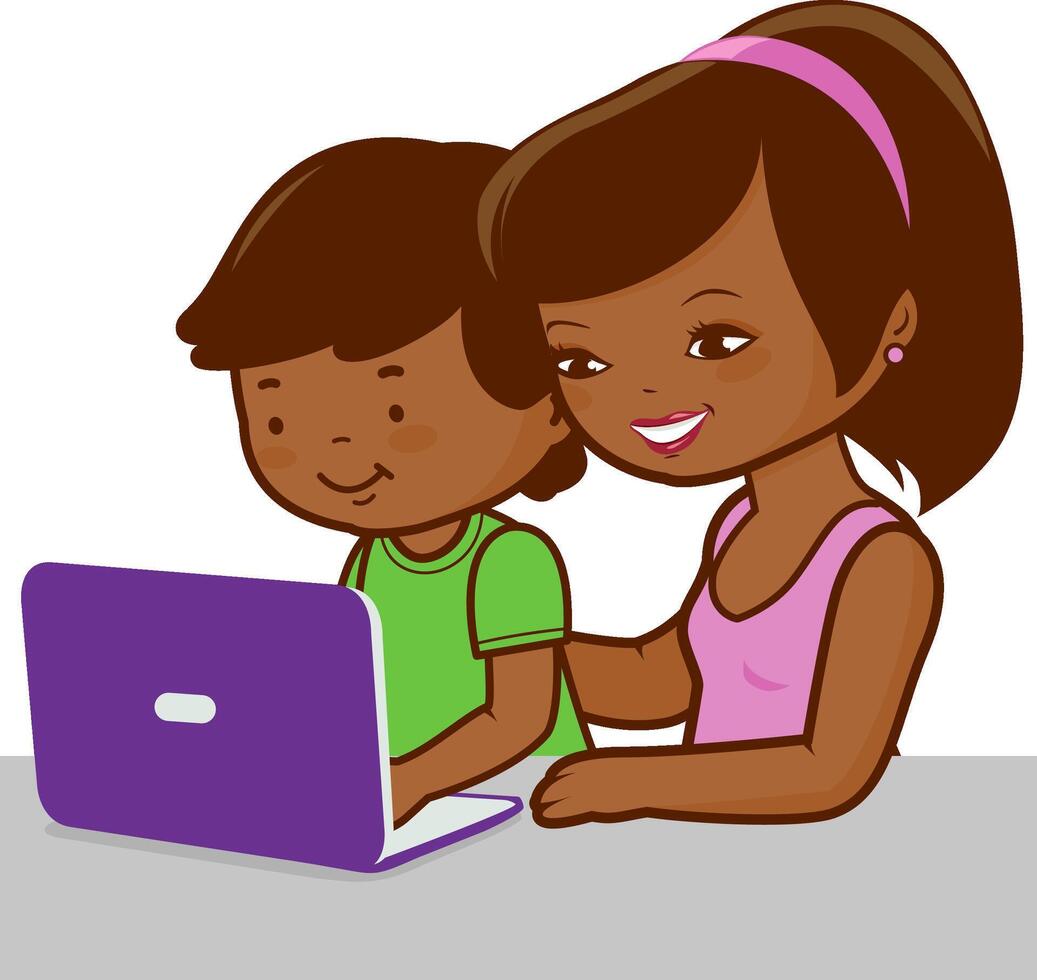 A mother and a child sitting on the desk in front of the computer. Parent or teacher helps student boy at home with homework for school. vector