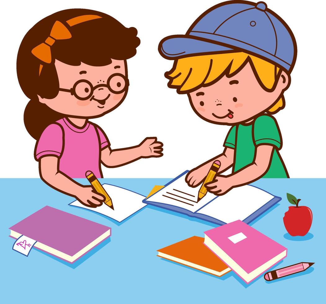 A girl and a boy young student kids sitting on a desk and doing their homework at home or in school classroom. Desk is full of books and notes. vector
