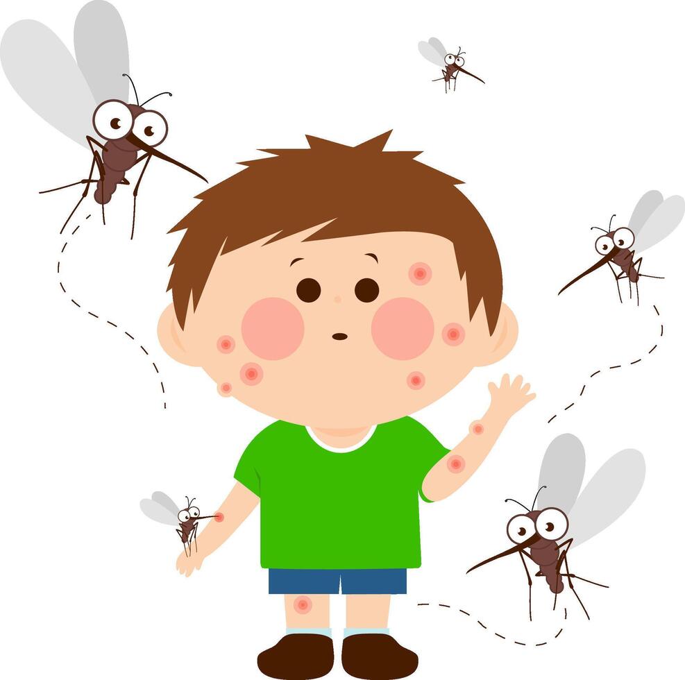 Mosquitoes flying around a young boy and biting him. His skin is full of mosquito bites. Child scratching itchy mosquito bites. vector