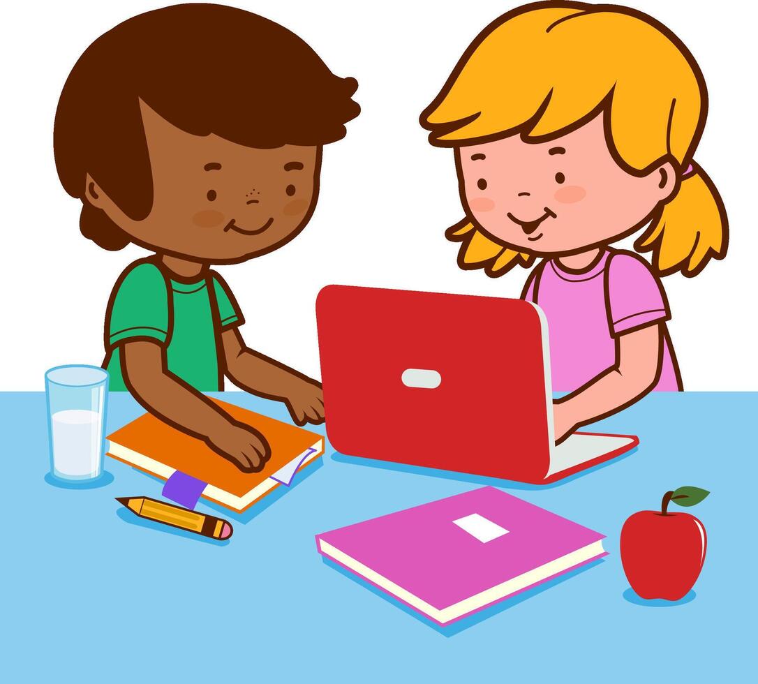 Young children students using a computer for their homework at home or in school classroom. Desk is full of books and notes. vector