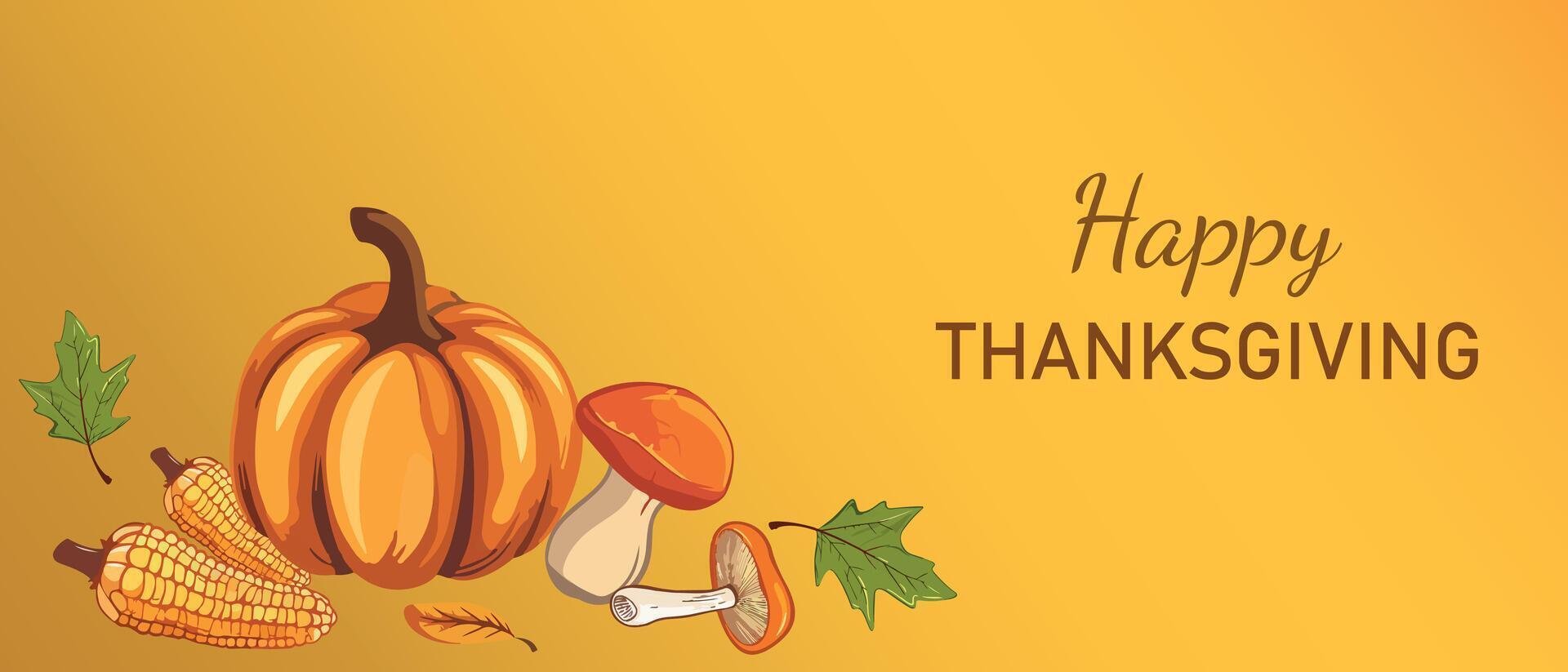 Bright background for Thanksgiving Day with autumn elements, pumpkin, leaves, corn, mushrooms. Autumn nature concept, harvest, Halloween. vector