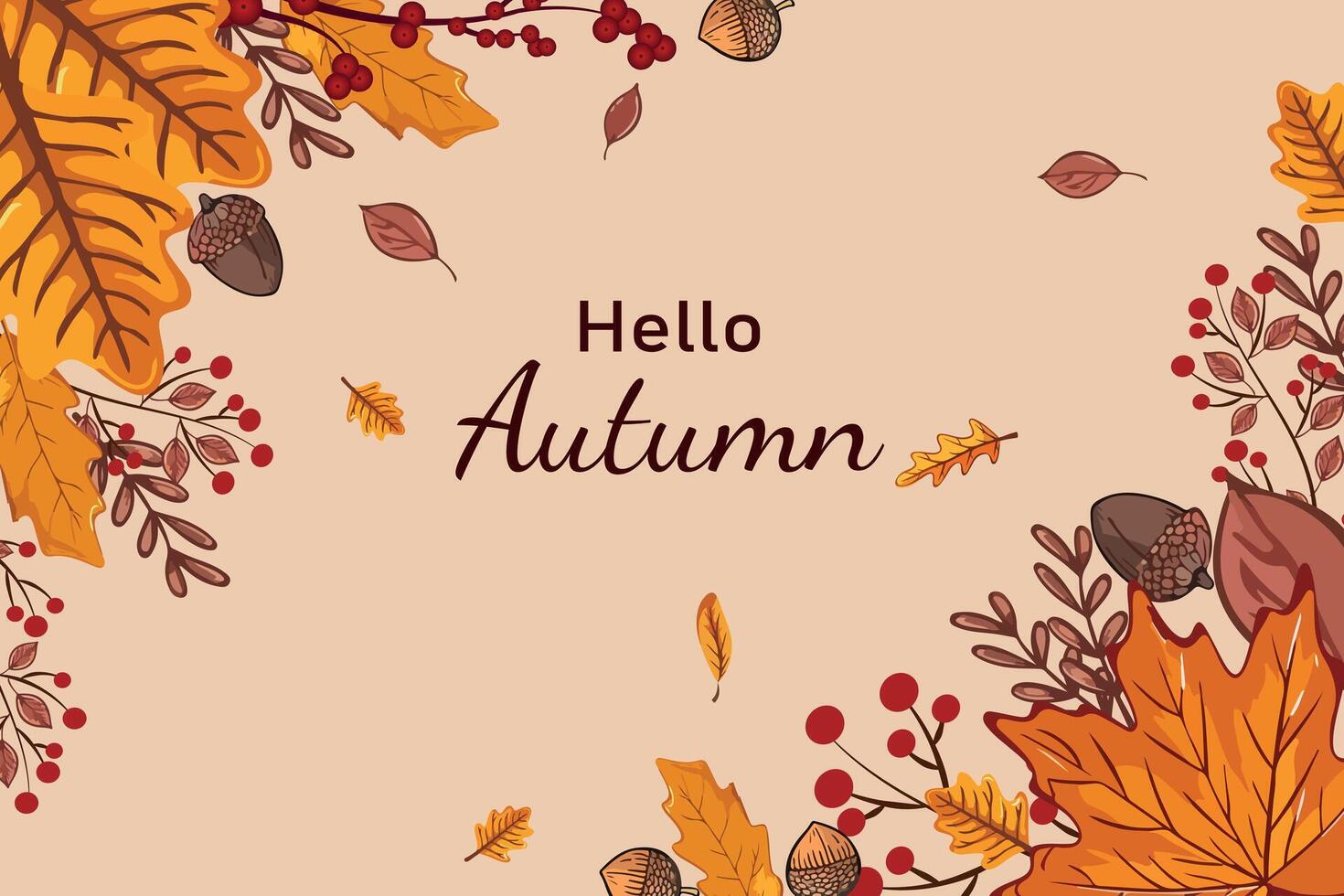 Background pattern with bright autumn leaves, acorns and rowan branches. Frame or autumn themed banner with autumn elements.The concept of harvest, warm autumn, leaf fall. vector