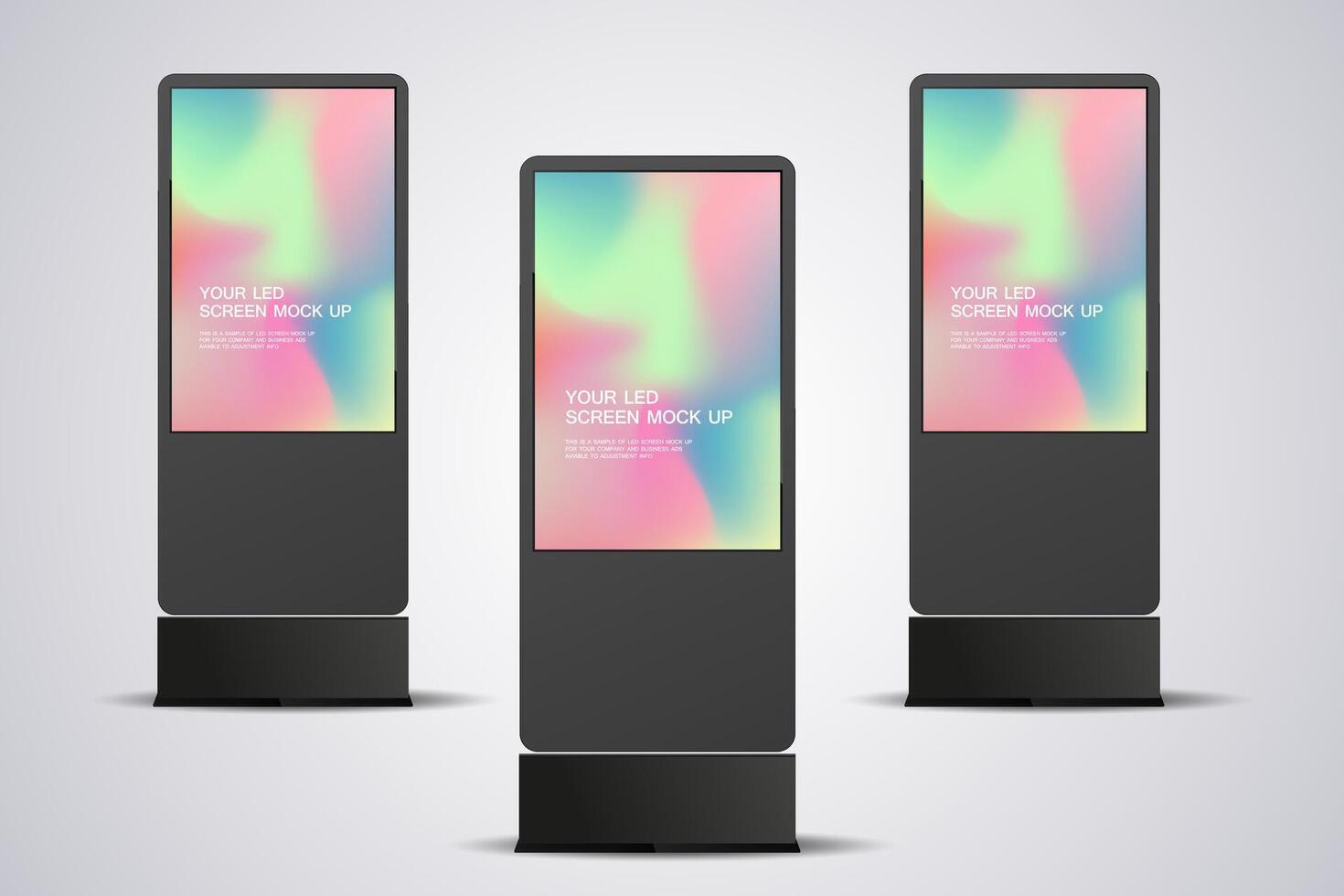 Three LED Screen Mockup in 3Ds of Realistic screen light box for out door signage design. Collection of three 3Ds LED mock up Illuminated lightbox vector