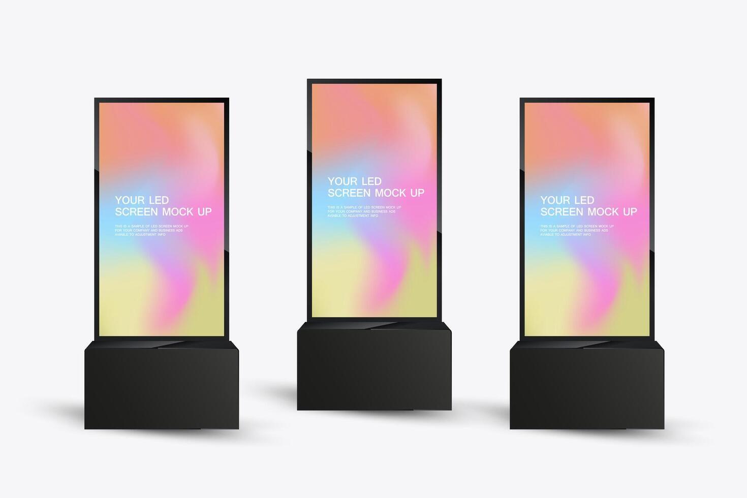 Set of three LED Screens Mockup in 3Ds of Realistic screen light box. LED screen mock-up on collorful with a sleek, black frame on white background vector