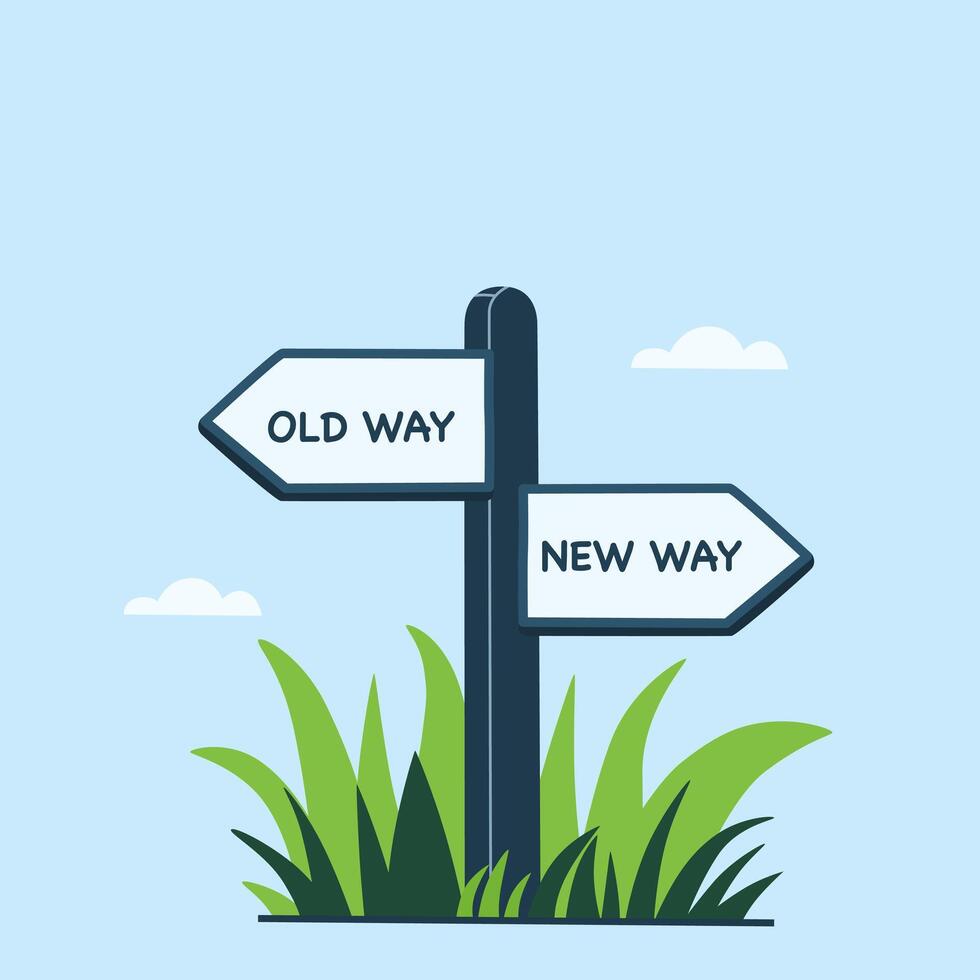 illustration of a signpost with Old Wa and New Way arrows, symbolizing vector