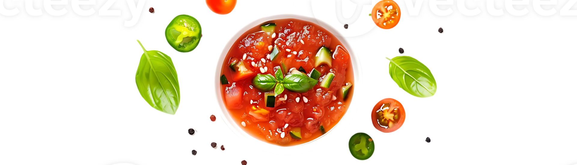 Fresh Tomato Salsa in White Bowl with Basil, Peppercorns, and Jalapeno Slices - Food Photography png