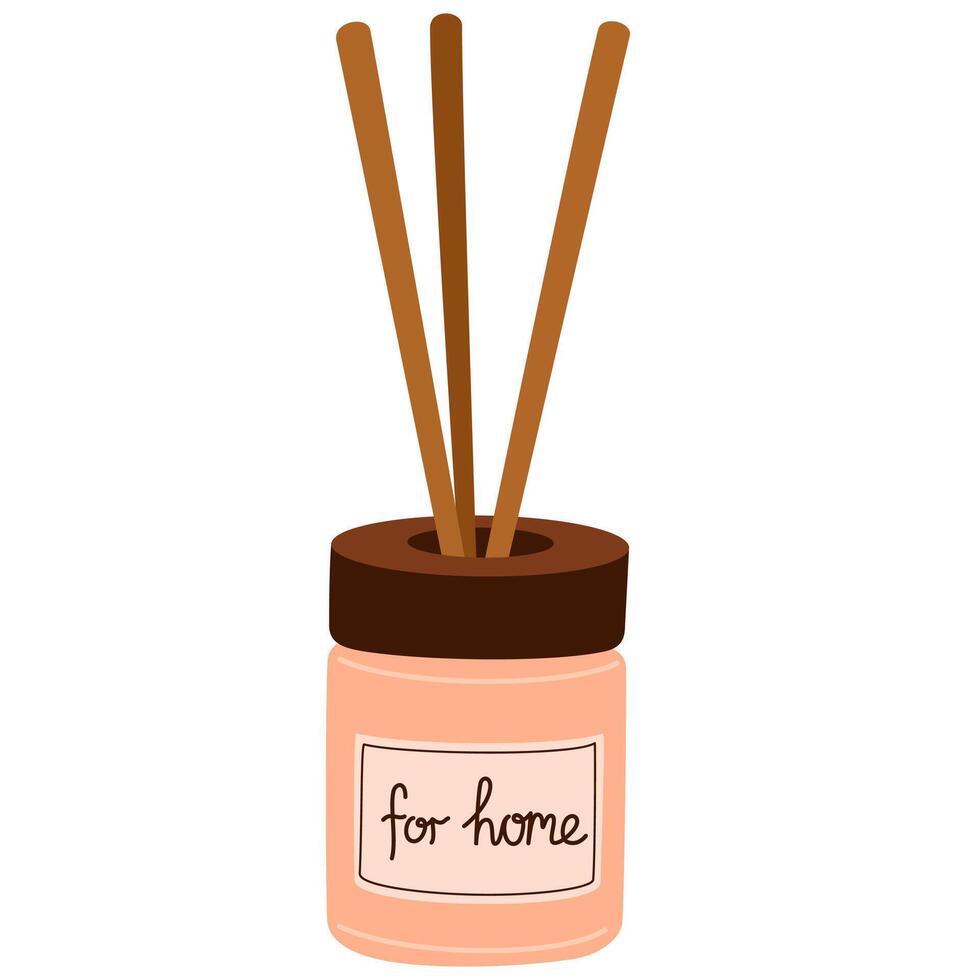 Aroma diffuser bottle with bamboo sticks. Aromatherapy, fresh scents, home perfume, oil fragrance, natural odors, aromatic fragrant liquids set. Flat illustration isolated on white background vector