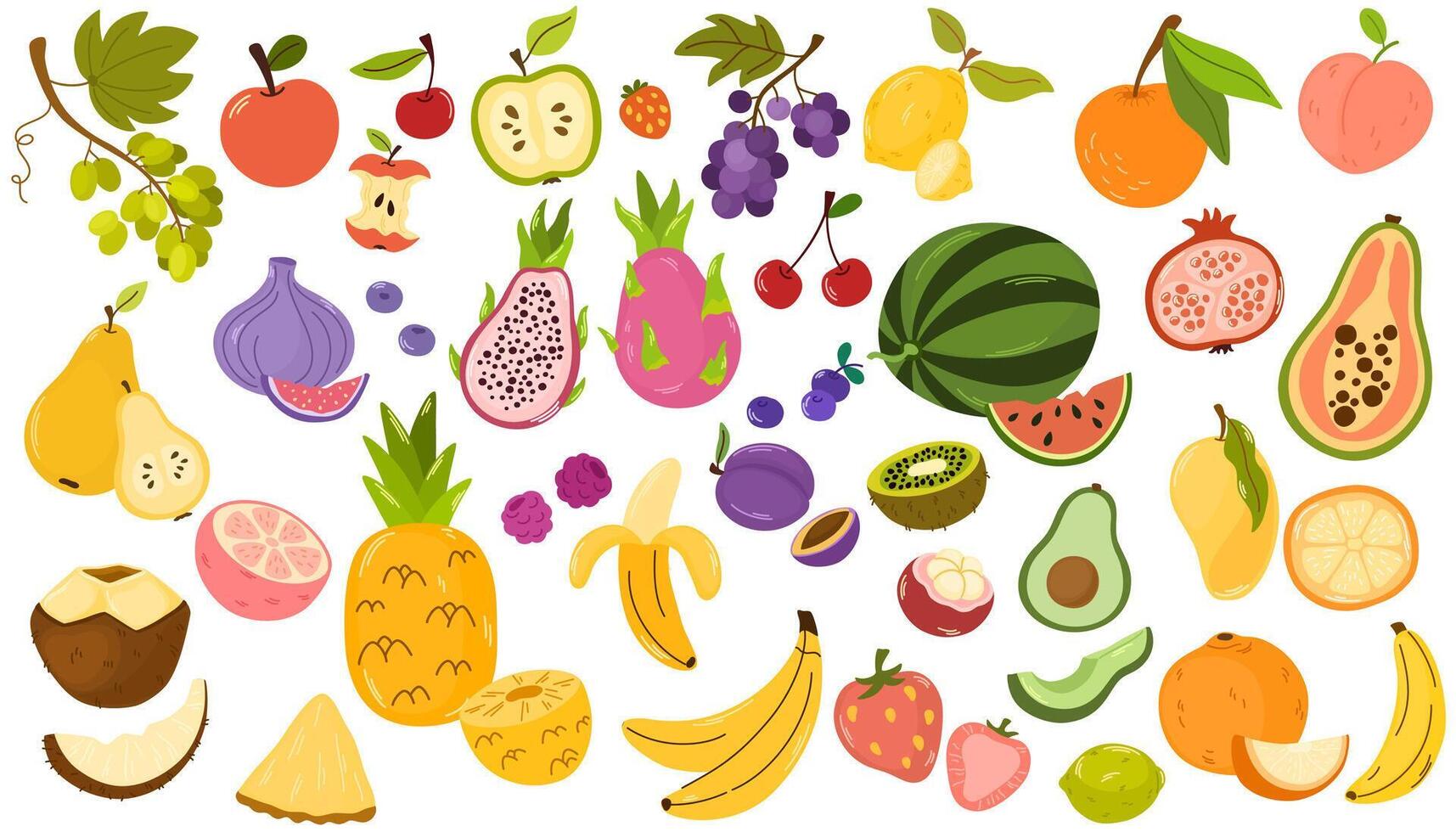 Set of different fruits and berries. Collection of organic vitamins and healthy nutrition. Watermelon, pineapple, bananas and avocado. Flat illustration isolated on white background vector