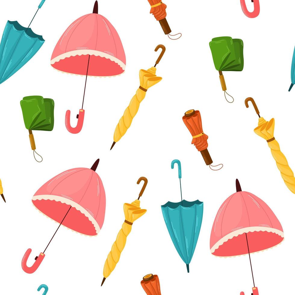 Umbrellas, seamless pattern, endless background. Rain weather accessories, open and closed, repeating print, texture design for textile, fabric, wrapping. Printable repeatable flat illustration vector