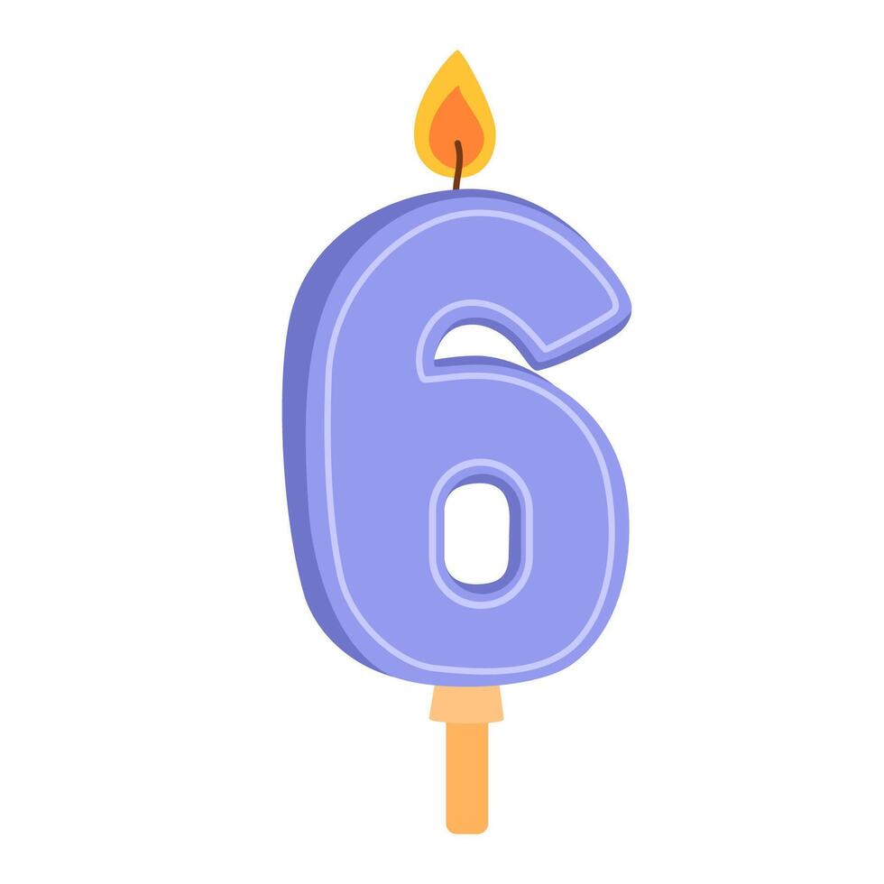 6 number candle for birthday cake. Wax decor for 6th year anniversary. Sixth age figure-shaped decoration with glowing flame. Flat illustration isolated on white background vector