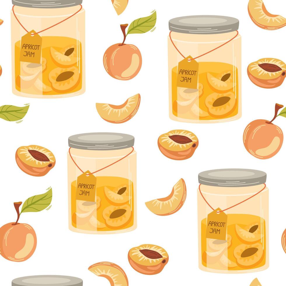 Apricot jam seamless pattern. Confiture, jelly preserves, homemade marmalade. Endless background, texture, print for wallpaper, textile, wrapping design. Colored flat illustration vector
