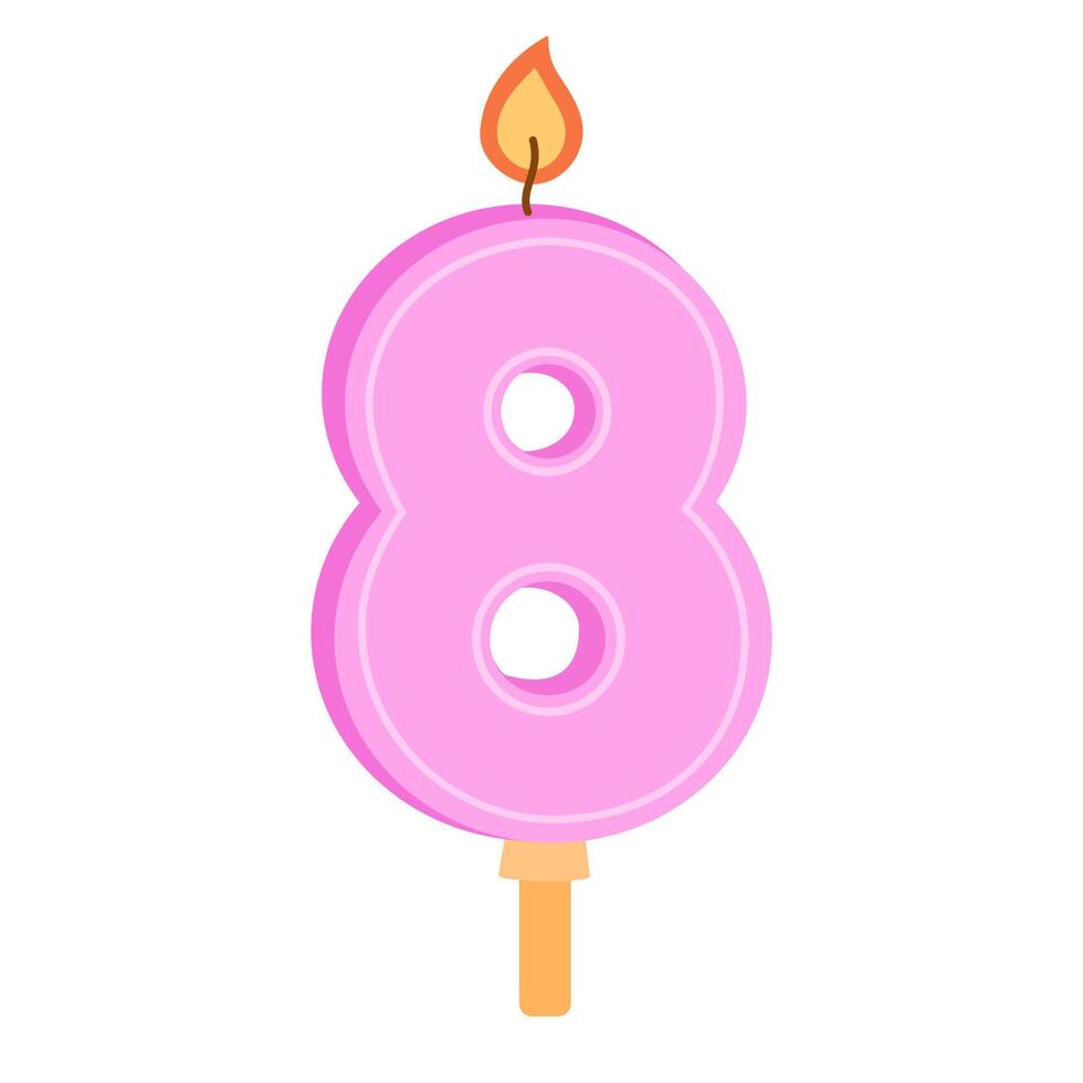 8 number birthday candle for 8th year anniversary, age of eight. Figure-shaped wax candlelight with flame for bday party cake. Colored flat illustration isolated on white background vector