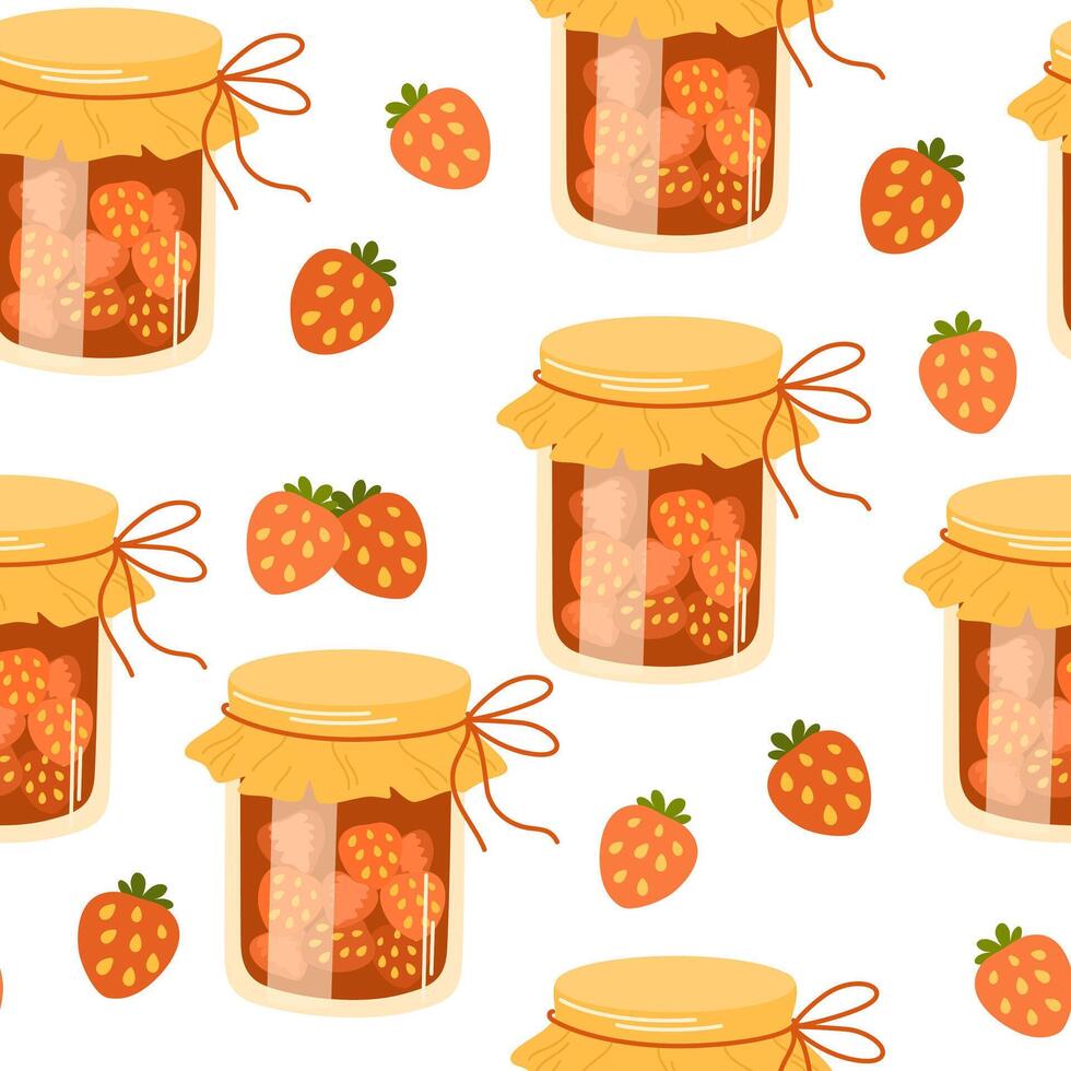Strawberry jam seamless pattern. Confiture, jelly preserves, homemade marmalade. Endless background, texture, print for wallpaper, textile, wrapping design. Colored flat illustration vector