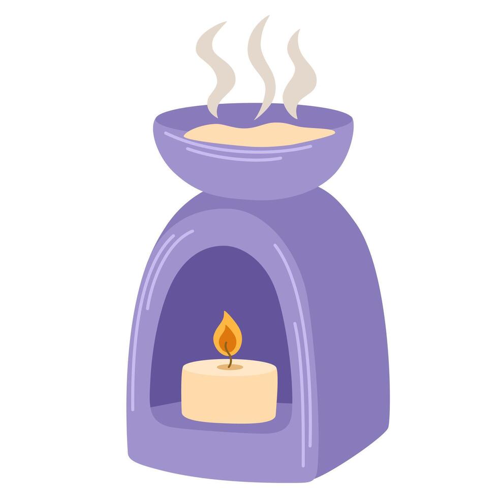 Scented candle. Aromatherapy. Modern three-wicked aromatic decoration for cosy home interior. Decorative romantic candlelight in ceramic. Flat illustration isolated on white background vector