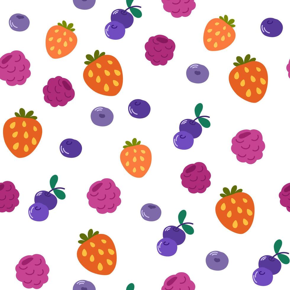 Berry pattern, print. Seamless background, texture with strawberries, raspberries, blueberries, currants and bilberries. Summer sweet healthy food, endless repeating design. Flat illustration vector