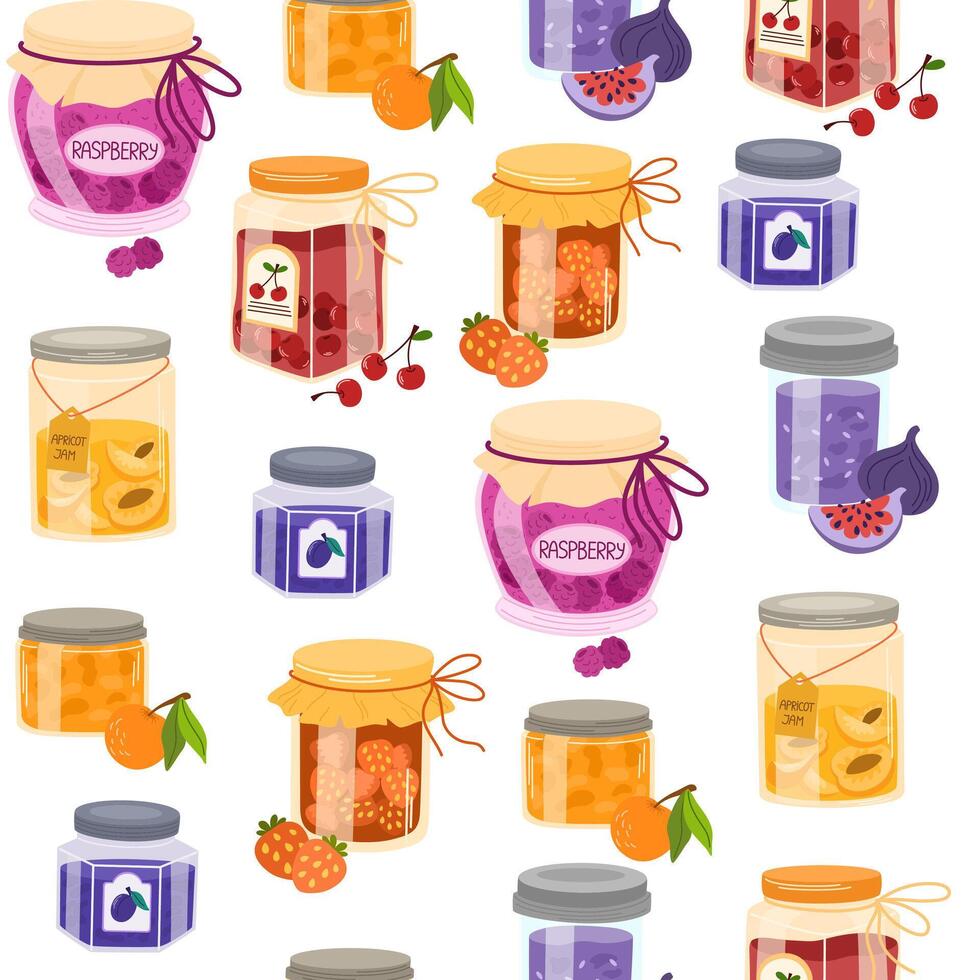 Jam pattern. Conserved fruits, confiture, jelly marmalade in jars, seamless background design. Sweet preserves, repeating print, texture for wrapping, textile, fabric. Colored flat illustration vector