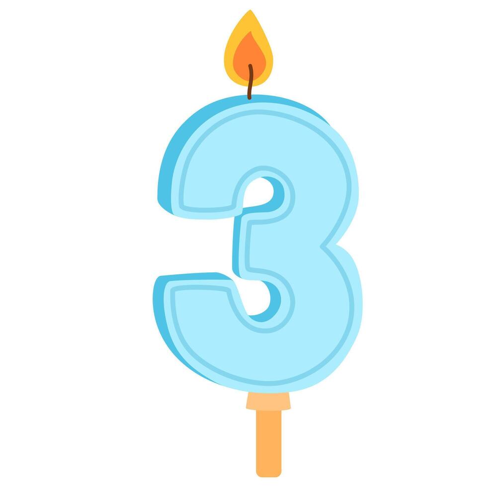 Wax birthday candle of number 3 shape for 3d year anniversary. Glowing figure three candlelight with flame for party cake for third age. Flat illustration isolated on white background vector