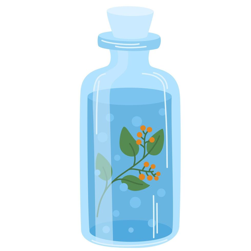 Herbal medicinal elixir in bottle with aromatic herbs and herbal. Alternative natural essences. Berries, floral plants, leaf. Flat graphic illustration isolated on white background vector