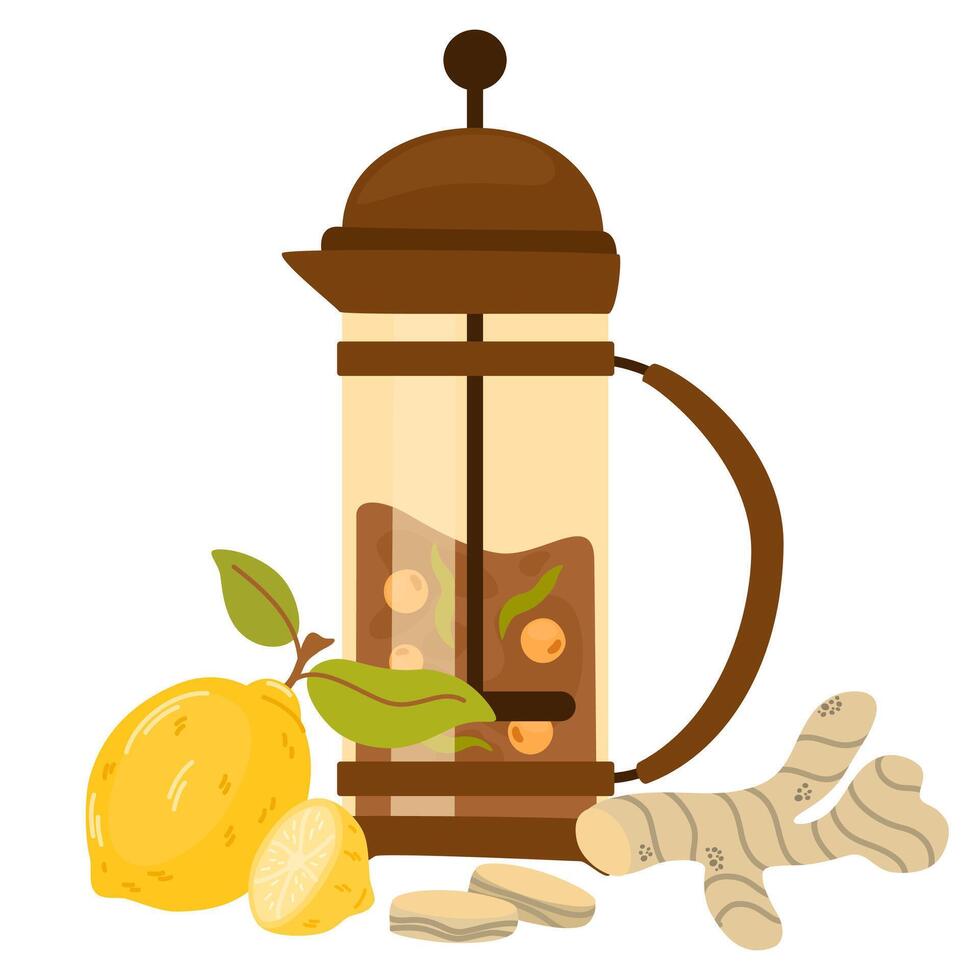 Hot sea-buckthorn tea brewed in glass teapot. Aromatic herbal fruit drink in French press pot with orange berries of sea buckthorn, lemon, ginger. Flat illustration isolated on white background vector