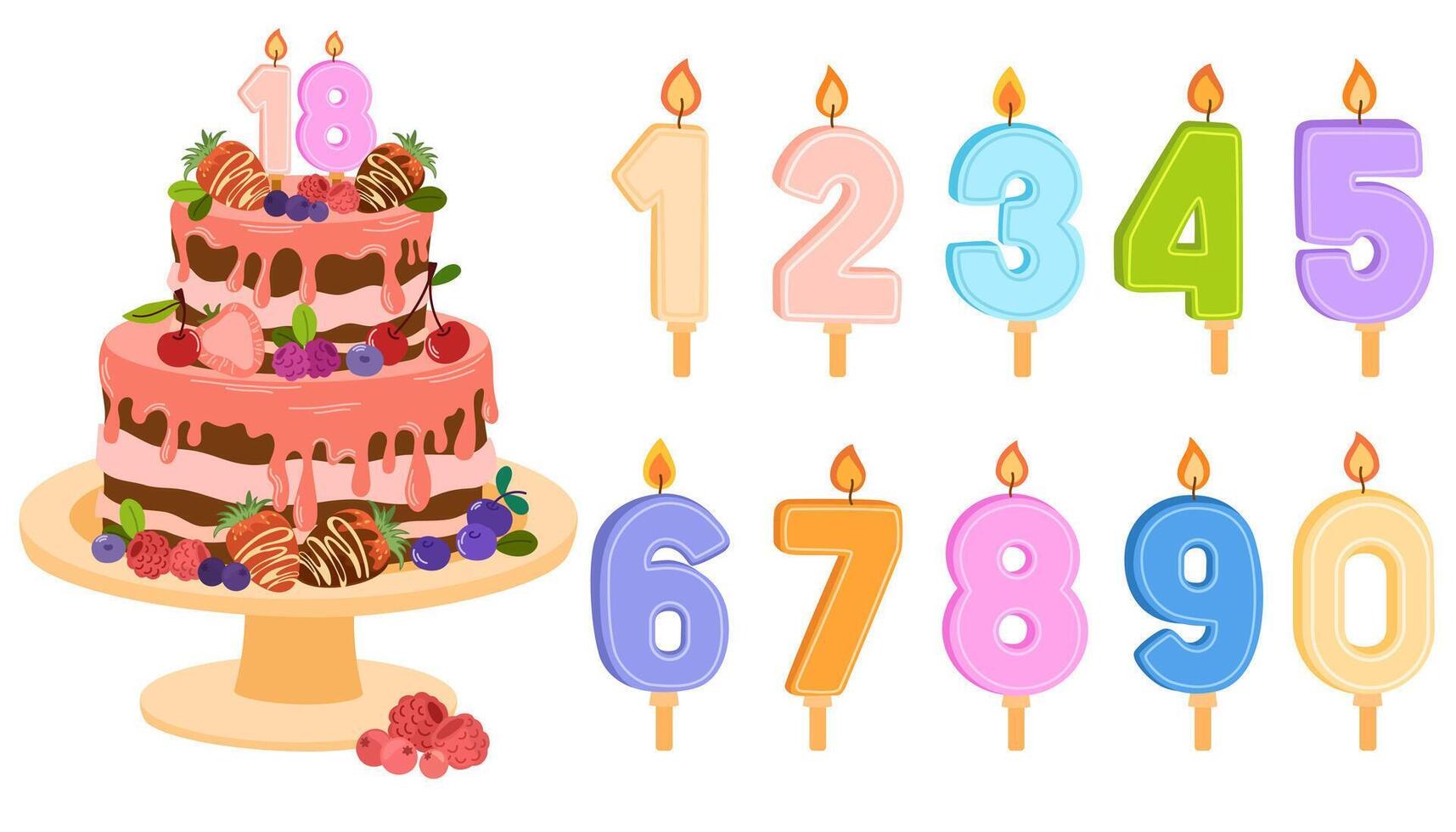 Burning number shaped candles for celebration. Birthday chocolate cake for anniversary and candles for each year. Flat illustration on light background vector