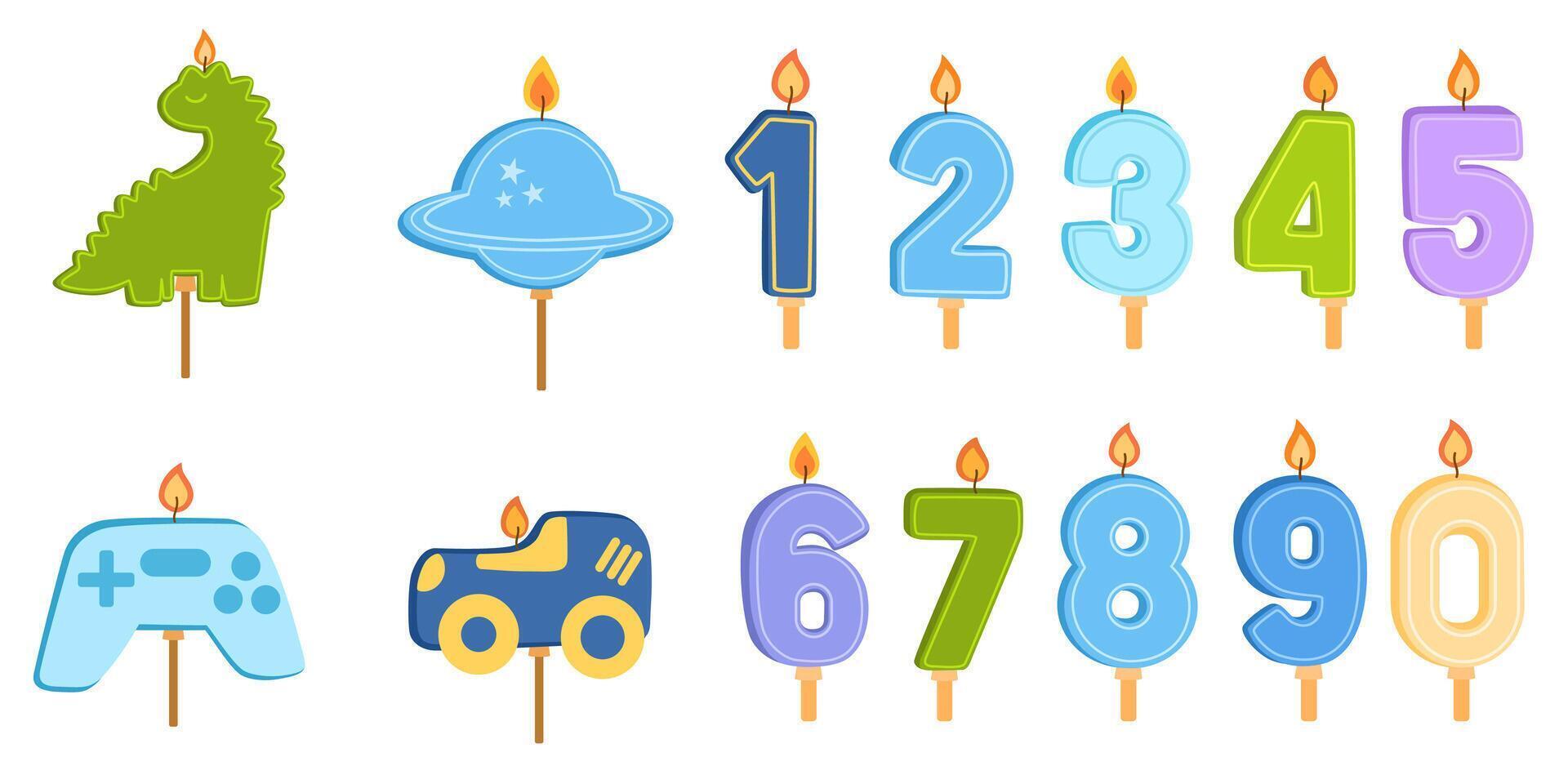 Boy birthday candles set in blue colors, number candles, different shapes. Flat illustration isolated on white background vector