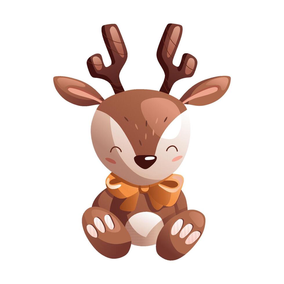 A cartoon cute toy fawn with a bow sits and smiles. vector