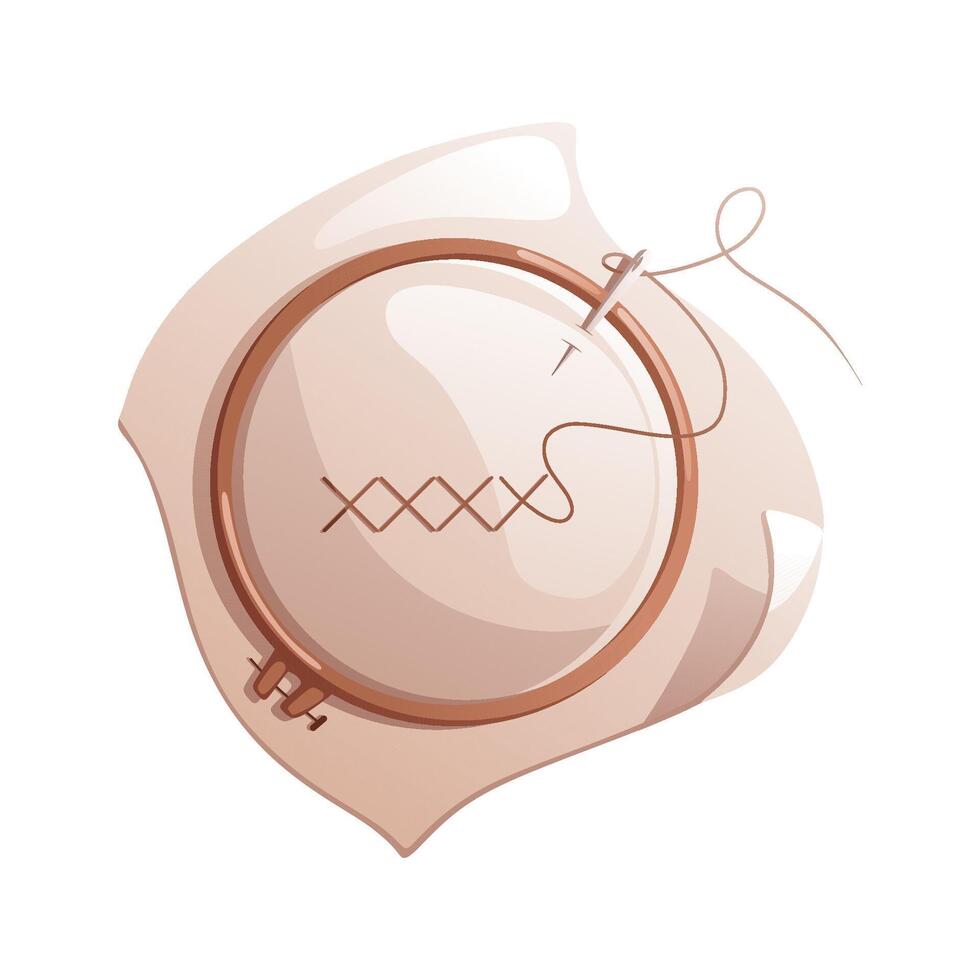 Round embroidery hoop with white square fabric and needle and thread. vector