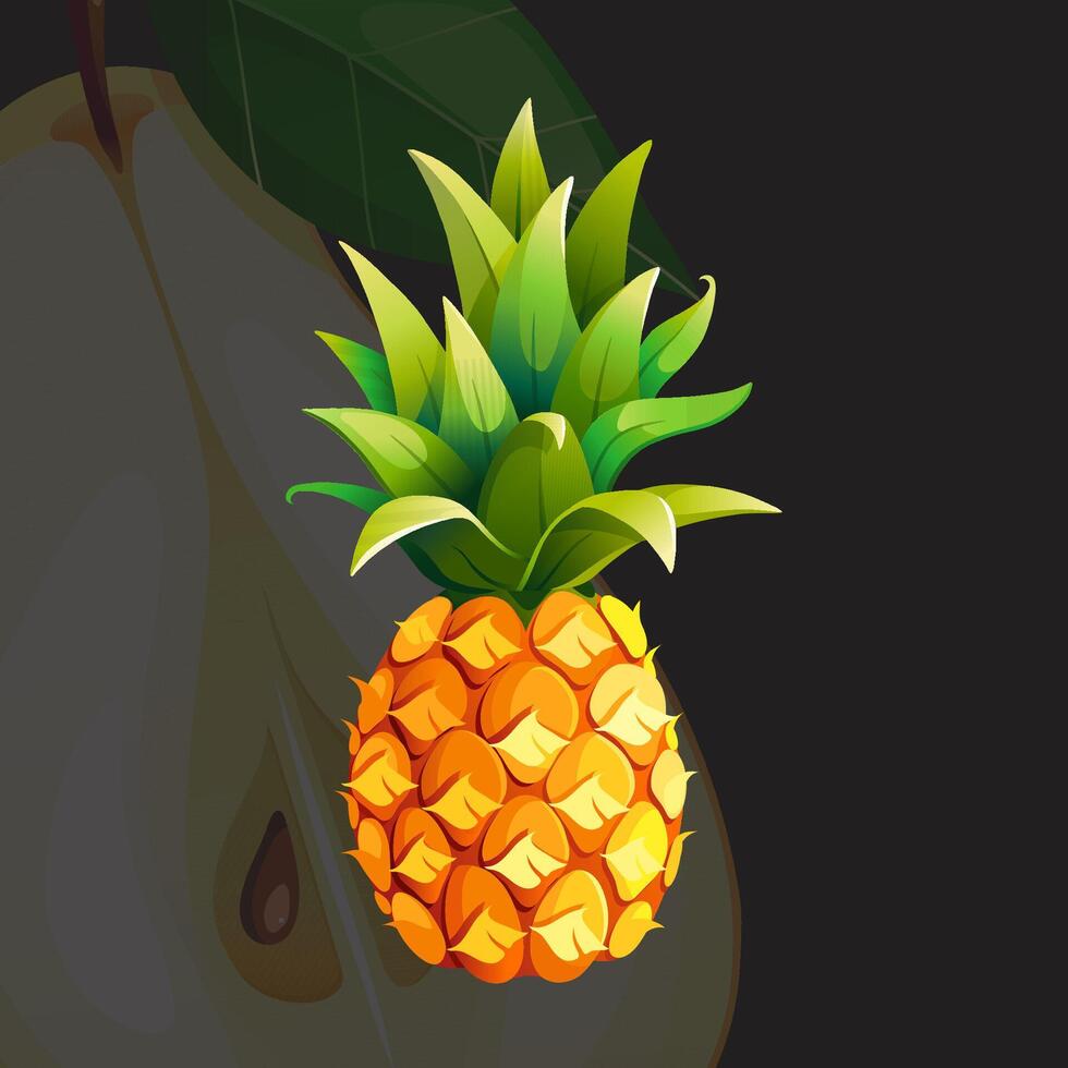 Yellow and Green Juicy Bright Fresh Ripe Pineapple vector