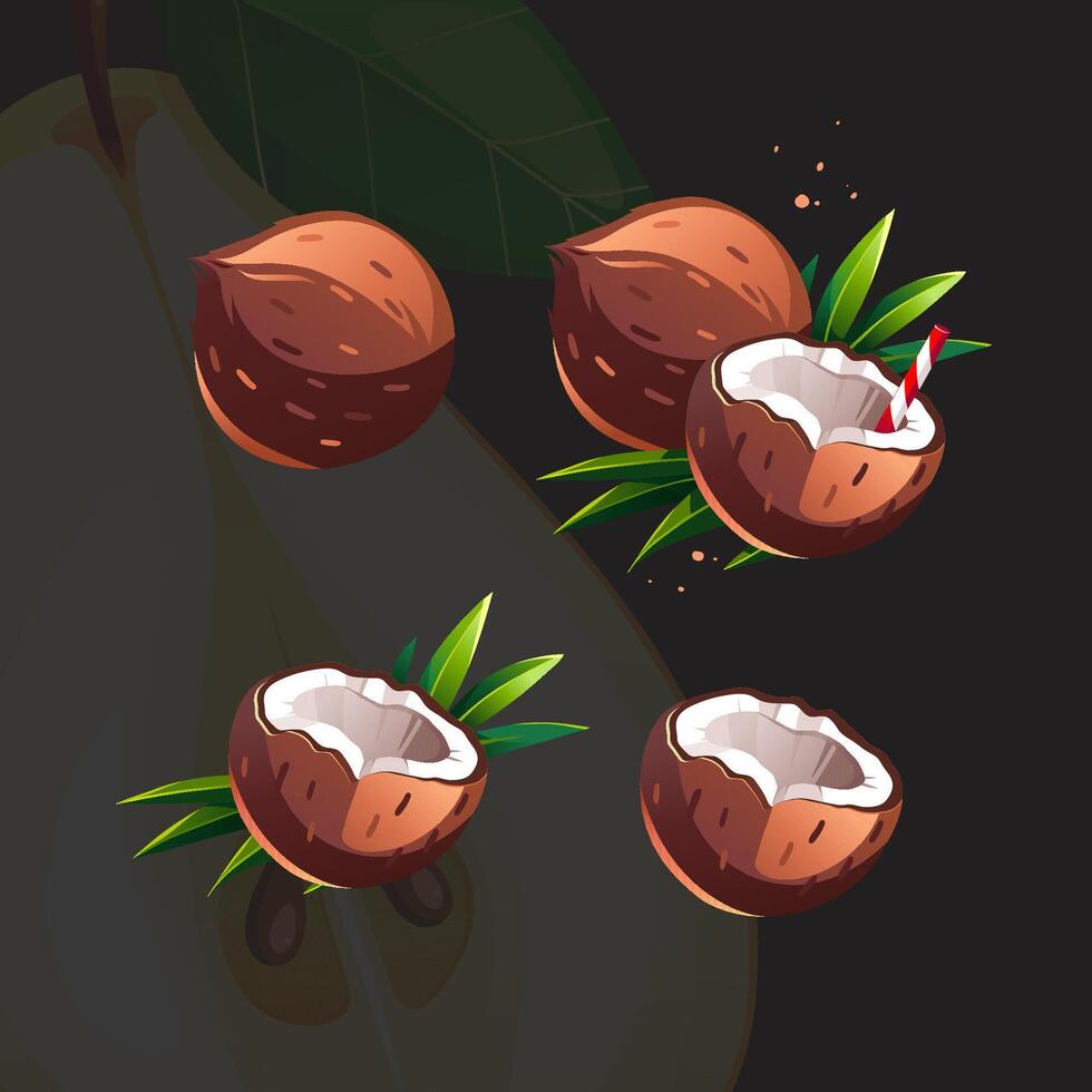 Brown Juicy Bright Fresh Ripe Coconut vector