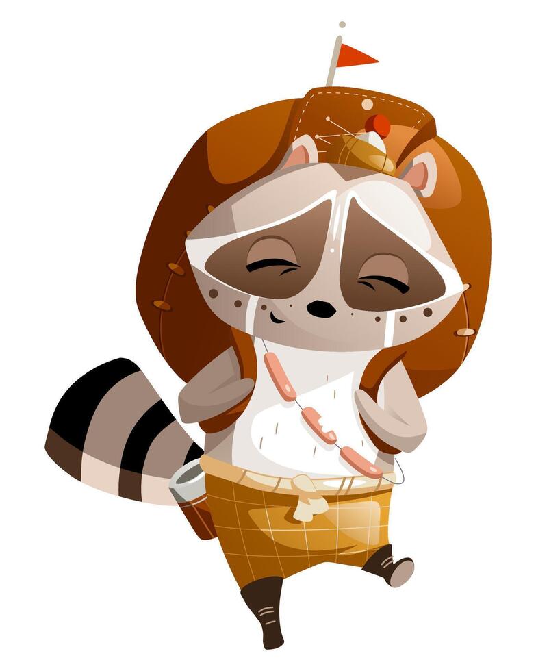 A funny cartoon raccoon goes hiking with a huge backpack vector