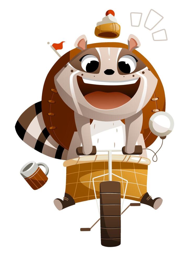 A funny cartoon raccoon rides a bicycle with a huge backpack on his back vector