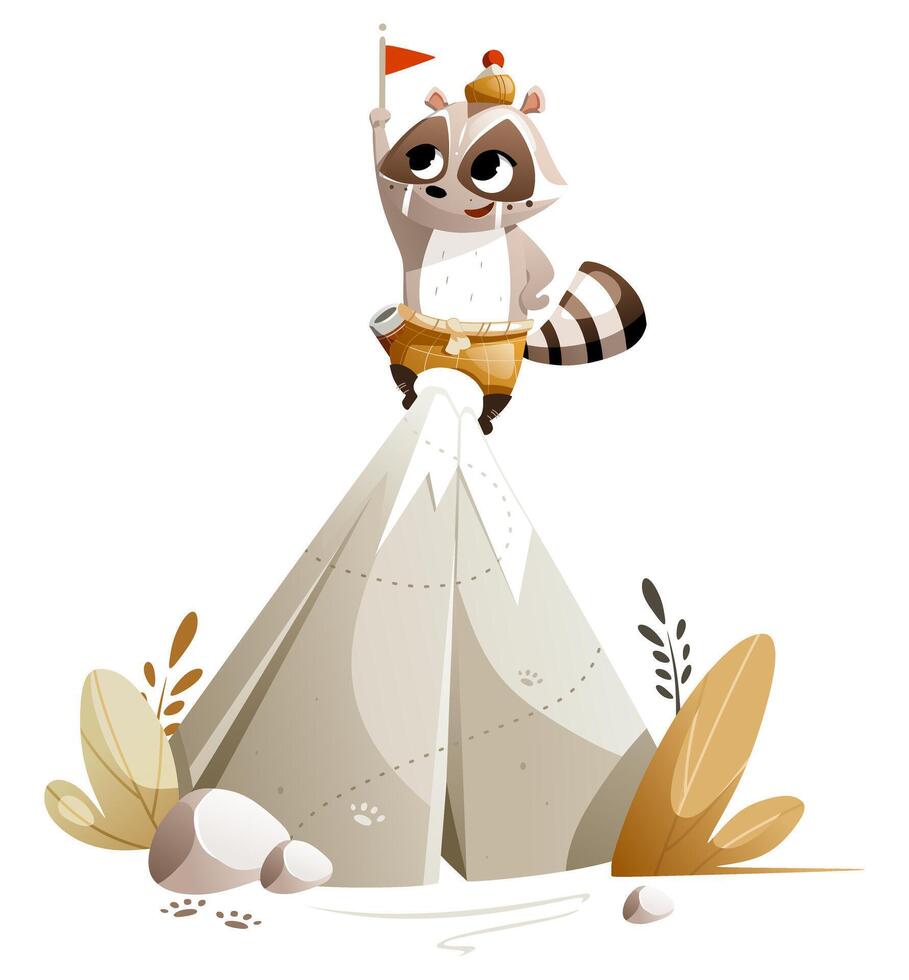 Cartoon character raccoon conquered the top of the mountain vector