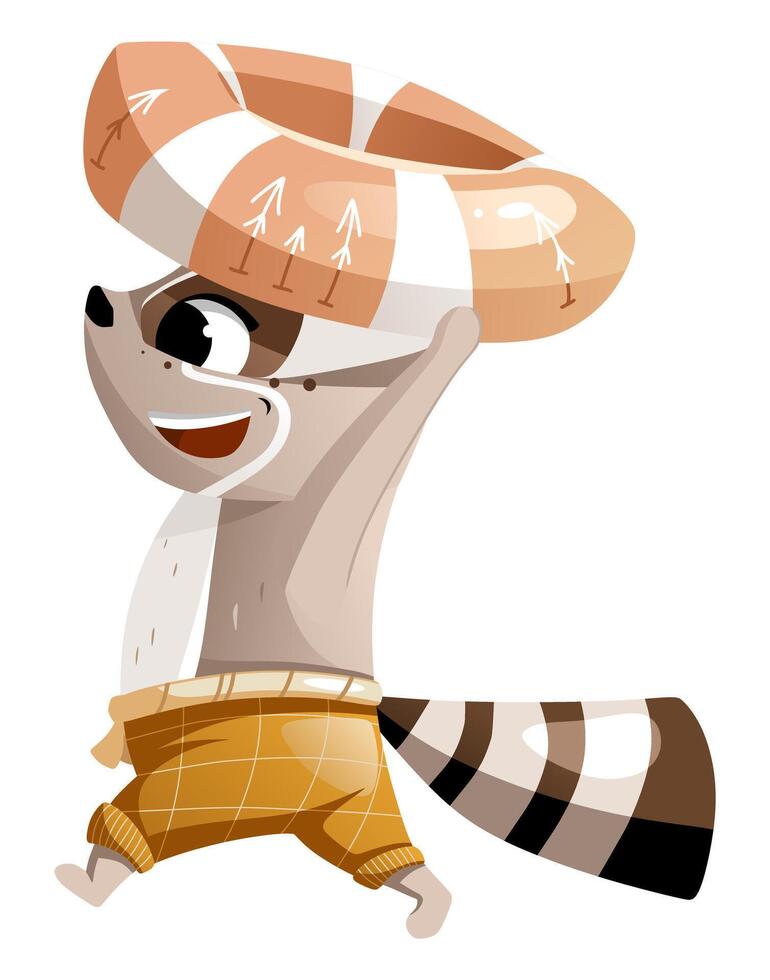 A joyful raccoon runs to swim with an inflatable circle vector