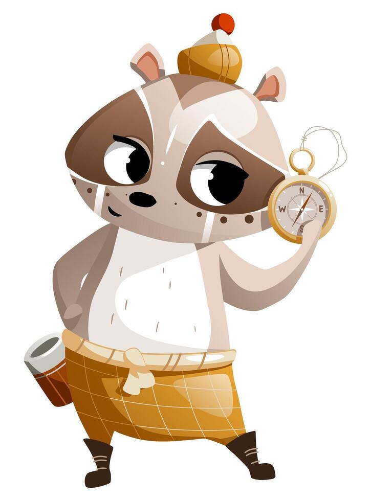 Illustration of a cartoon raccoon with a compass vector