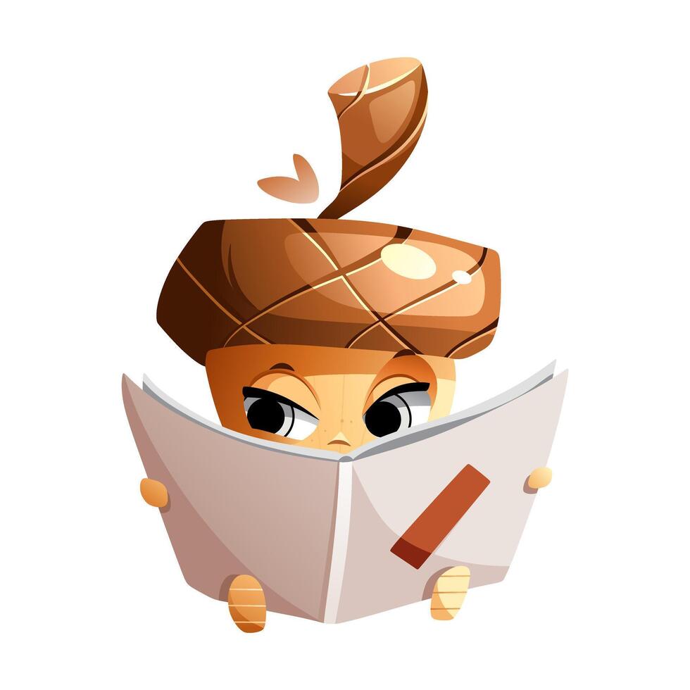Cartoon character acorn, carefully reading a book. vector