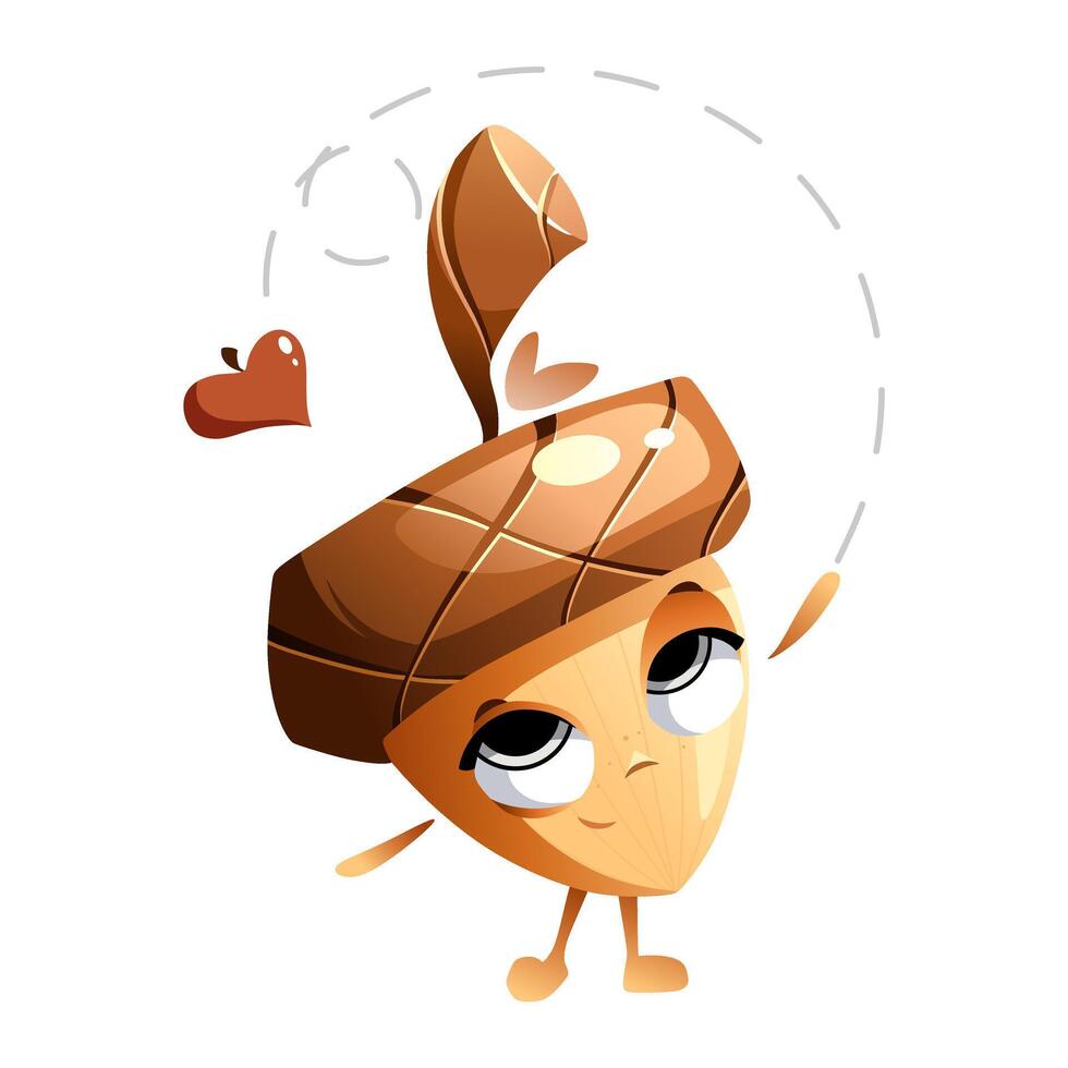 Cartoon character acorn throws a leaf in the form of a heart into the air, an air kiss. vector